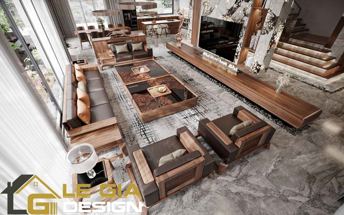 Phối cảnh 3D phòng khách hiện đại mẫu thiết kế nội thất đẹp cam kết chất lượng của Lê Gia Design